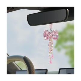 Sandfren Bling Bow Car Rear View Mirror Pendant, Cute Crystal Rhinestone Vehicle Rearview Mirror Hanging Ornament, Diamond Auto Interior Decoration Charms, Universal for Truck SUV Sedan (Pink)