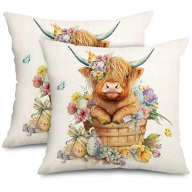 Generic AnyDesign Easter Pillow Covers 18 x 18in Watercolor Highland Cow Flowers Throw Pillow Case Seasonal Cute Cow Cushion Cover for Spring Home Sofa Bedroom Decor, Set of 2, AD3891