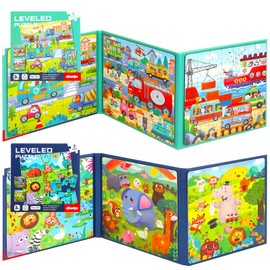 Halinuia 158 Pieces Magnetic Puzzles for Children 2 3 4 5 6 Years, Portable Puzzle 3 in 1 Educational Game, Travel Games for Children, Gift Toy on Plane, Car, Train