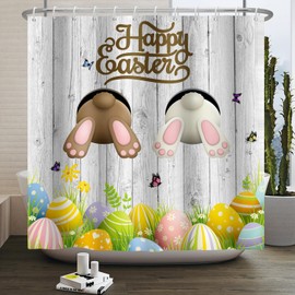 ZJRBJB Easter Shower Curtain Bunny Rabbit Eggs Bathroom Decor Spring Flowers Butterflies Wood Grain Shower Curtain Farmhouse Holiday Waterproof Fabric Bath Curtain with Hooks 72x84 Inches
