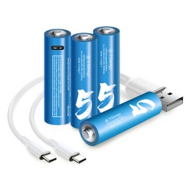 S Energy USB Rechargeable AA Batteries, High Capacity Lithium Polymer 1.5V 1600mAh Battery, 1.5 H Fast Charge, 1200 Cycle with Type C Port Cable, Constant Outpu4-Pack