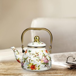 MAGICLULU Enamel Tea Kettle for Stovetop 1L Vintage Floral Teakettle Enamel on Steel Teapot with Handle Porcelain Enameled Teakettle with Strainer for Water (Random Pattern)