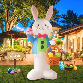 12FT Easter Outdoor Inflatable Decoration, Inflatable Bunny Jacquard Basket, Built-in LED Lights, Festive Yard Decoration, Suitable for Lawn, Garden, Party