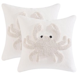 Tosleo 2 PCs Tufted Crab Cushion Cover 18"X18" Decorative Ocean Throw Pillow Cover Cotton Linen Square Pillow Case Summer Home Decor for Sofa Couch Bedroom Pillowcase