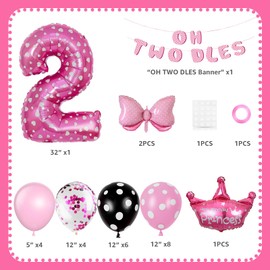 Oh Twodles Pink 2nd Birthday Party Decorations - Pink Mouse Party Decorations, Banner, Pink Bow Foil Balloons, Latex Balloons for Girls Coquette Party Supplies