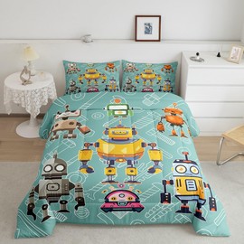 Cartoon Robot Boys Kids Comforter Set Full Size,Colorful Intelligent Machine Graffiti Duvet Set Room Decor,Kids Boys Teal Brushed Microfiber Soft Bedding Comforter