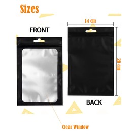 100 Pack Smell Proof Mylar Resealable Foil Pouch Bags, 16X24CM Food Safe Airtight Ziplock Matte Black with Clear Window