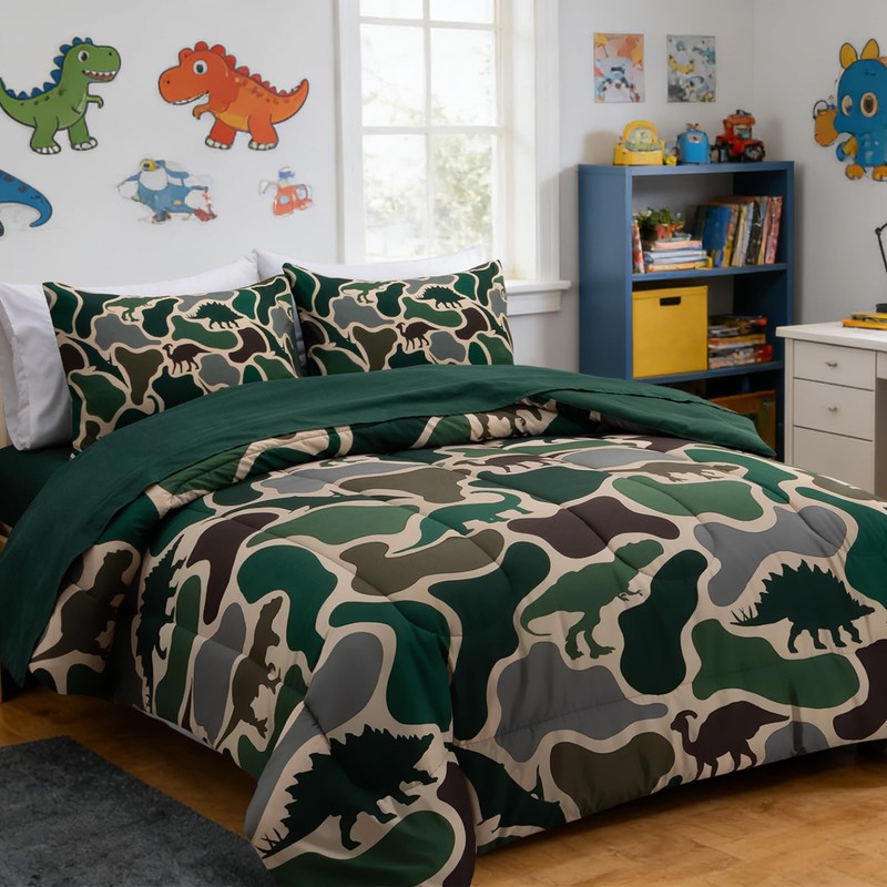 Holawakaka Boys Dinosaur Camouflage Comforter Set with Sheets, Twin Size