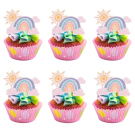 Gyufise 24Pcs Rainbow Clouds Cupcake Toppers Glitter Sun Rainbow Cupcake Picks for Boys Girls Rainbow Theme Baby Shower Birthday Party Decorations Supplies