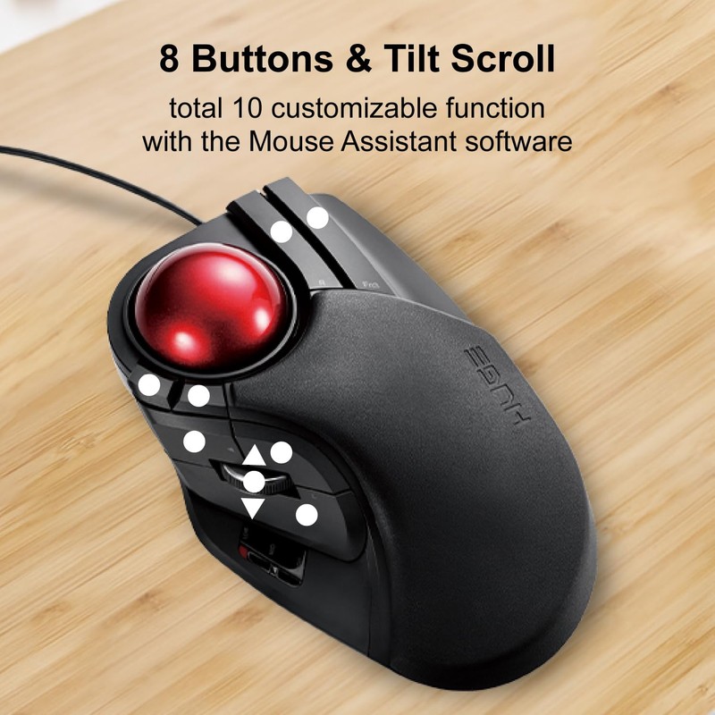 ELECOM HUGE Trackball Mouse, Wired, Finger-Operated, 8-Button Function, Palm Rest
