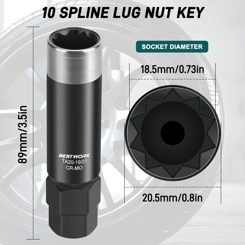 Bestwork 10 Spline Lug Nut Key, Dual-Reinforced 10 Spline Lug
