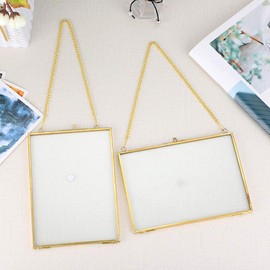 SUMTree 2 x Glass and Metal Picture Frames, Hanging Glass Photo Frame, Plant Sample Clip, for Pressed Flowers, Photos, Glass Frame Only (Gold, 13 x 18 cm, Rectangular)