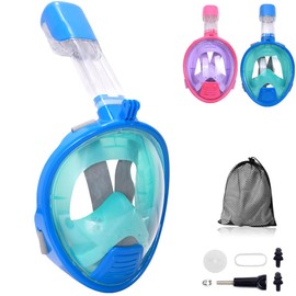 Wsobue Snorkel Mask for Kids,Full Face Diving Mask Anti-Fog, Anti-Leak Dry Top Snorkel Set for Children Aged 5-14 (Blue+Green XS)