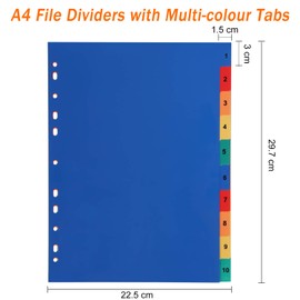 A4 Index File Dividers 10 Part (10 Pack) A4 Plastic Subject Dividers 11-Hole Punched Reinforced Multi-Colour Numbered 1-10 Tabs for Office School Home