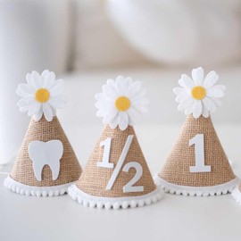 My First Tooth Party Hat for Baby - Tooth Themed Baby Party Crown Hat - Baby Photo Prop for My First Tooth Party - Daisy Themed Tooth Party Straw Hat - Burlap Natural Party Hat