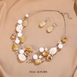 FULU AUTUMN Chunky Statement Necklace Women's Multi-Row Pearl Necklace and Earrings Fashion Jewellery Set for Women Mum Wife Grandma Mother's Day Gift, Acrylic Stone Acrylic stone Crystal, No Gemstone