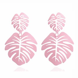 Gold Green Palm Leaf Dangle Earrings Tropical Monstera Leaves Eardrop for Women Bohemia Jewelry (pink)