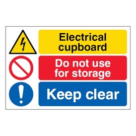 V Safety Electrical cupboard/Do not use for storage/Keep clear - Large Landscape 300 x 200 mm - 3mm Aluminium Composite Safety Sign
