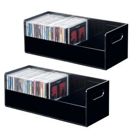 MyGift Modern Premium Black Acrylic Stackable CD Holder Racks with Cutout Carrying Handles, Compact Disc Jewel Case Display Crates, Media Storage Organizers, Set of 2