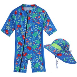 Baby Boy Swimsuit Rash Guard Shirts Toddler Boy Swimwear Sun Protection Infant One Piece Bathing Suit with Sun Hat Underwater World 18-24 Months