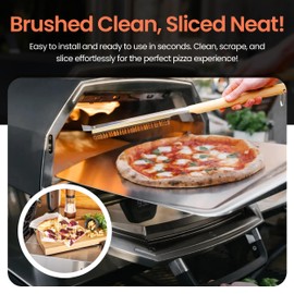 PERIDOTT 26” Pizza Oven Brush with Pizza Cutter Wheel - Stainless Steel Bristles, Heat-Resistant Handle, Pizza Stone Brush with Oven Scraper & Pizza Slicer - Compatible with Ooni & All Pizza Ovens