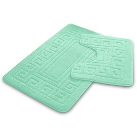 VELVETIO Bath Mat Set 2 Piece Machine Washable for Bathroom, Jacquard Greek Non Slip Quick Dry Shower Rugs & Bathtub Mats, Highly Water Absorbent 100% Polypropylene Toilet Rug Sets, Purple