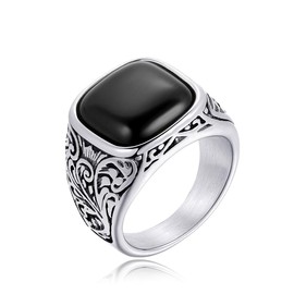 Vintage Black Onyx Ring for Men Stainless Steel Antique Swirl Pattern Ring Size 8