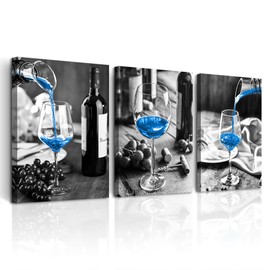 DZRWUBHS Canvas Wall Art For Kitchen Wall Decor For Dining Room Black And White Glasses Wine Painting Modern Blue Wine Wall Pictures Art Prints Artworks Bar Restaurant Home Decorations 3 Piece