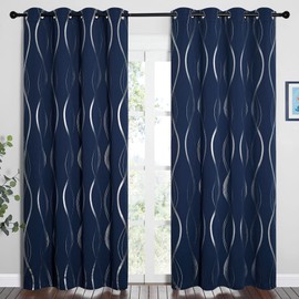 NICETOWN Blackout Curtain Panels 84 inches Long, Window Treatment Foil Printed Wave Lines Thermal Insulated Grommet Blackout Drapes for Living Room/Office/Guest Room(Navy Blue, 1 Pair, 52" Wide)