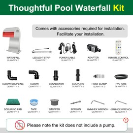 LONGRUN J-Shaped Waterfall Spillway Stainless Steel Swimming Pool Fountain, RF & APP Controled LED Light Outdoor Pond Waterfalls Kit for Garden Patio Swimming Pool Koi Ponds Decoration -13.6" Height