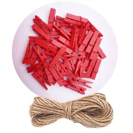 DurReus Tiny Wood Clips Travel Clothespins Miniature Clothes Pins for Wedding Arts Crafts Ornaments Packing with Twine Pack 50 Red