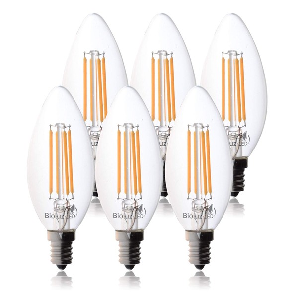 60 Watt Candelabra Bulbs Bioluz LED Dimmable Clear Filament LED Bulbs Using only 5.5 watts E12 Base Type B Type C Candle Bulbs Pack of 6