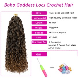 Faux Locs Crochet Hair 18 Inch Boho Goddess Locs Crochet Hair 7 Packs Pre Looped Crochet Hair for Black Women River Locs Crochet Hair with Curly Ends (18 Inch 7 Packs, 1B/27)