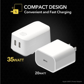 Scosche HPDCC35WT PowerVolt 35W Certified Dual Port USB Type-C Fast Wall Charger Power Delivery 3.0 for All USB-C Devices, White
