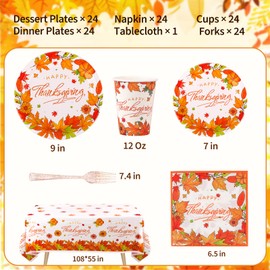 Atonofun Thanksgiving Party Supplies, Thanksgiving Plates and Napkins Set, Disposable Thanksgiving Party Plates, Cups, Napkins and Cutlery for Fall Harvest Thanksgiving Party Decorations Serves 24
