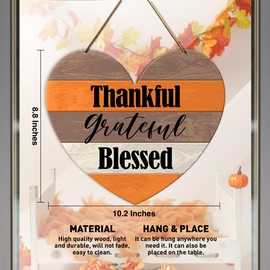 Thanksgiving Wall Door Sign Decor, Fall Thankful Decoration for Home Porch Front Door Farmhouse Living Room Office Autumn Thanksgiving Heart Wood Plaque Hanging Wall Decor Sign, Thankful Blessed