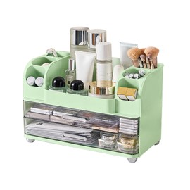 DASITON Large Capacity Makeup Organizer for Vanity with 2 Drawers, Skincare Organizers with Makeup Brush Holder, Cosmetic Display Case for Dresser Vanity Bathroom Countertop (Green)