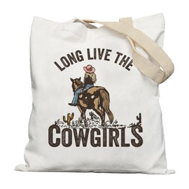 Lacosu Vintage Western Tote Bag, Canvas Tote for Women, Cowgirl Gifts, Reusable Grocery Bags, White, 15 inches x 13 inches
