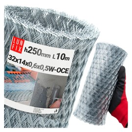 Galvanised Ribbed Expanded Metal 32 x 14 mm - 10 m Roll 250 mm Wide - Plaster Support Mat 0.6 mm Thickness for Facade, Wall, Corner, Indoor and Outdoor Plaster