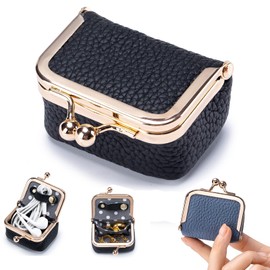 Genuine Leather Mini Jewelry Box for Women - Vintage Kiss Lock Travel Jewelry Case Organizer, Portable Tiny Jewelry Pouch for Earrings, Rings, Necklace (Black)