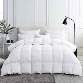 Luxurious White Solid Medium Weight, Super King Size Goose Feathers Down Comforter for All-Season Weather, 120 X 120 inches, Premium Baffle Box, 100% Egyptian Cotton Cover, 90 oz. Fill Weight