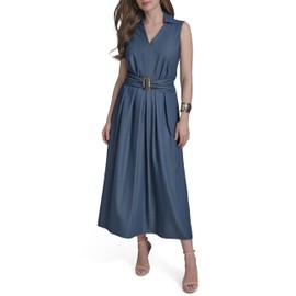Halston Women's Sleeveless Collared V-Neck Faux Denim Dress, Light Blue