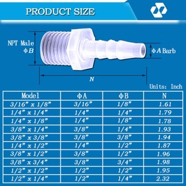 62 Pcs 10-Size Hose Barb Fittings Assortment, Barb + NPT Male Thread Adapter Hose Fittings, Plastic Joint Splicer and Mender Union Adapters for Fuel, Gas, Liquid, Air Tubing.