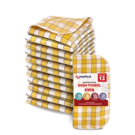 UrbanFocal Polycotton Kitchen Dish Towels 12 Pack - Dish Cloths for Cleaning Scrubbing and Wipe Glass - Dish Towels for Kitchen Drying | Yellow and White, 12 x 12