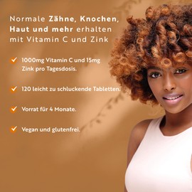 Vitamin C & Zink - 120 Tabletten - Hochdosiert mit 1000mg Vitamin C + 20mg Zink - Laborgeprüft, vegan & optimal bioverfügbar - ohne unnötige Zusatzstoffe - Unterstützung des Immunsystems - Nutravita