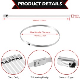 300 Pieces Metal Zip Ties Heavy Duty Stainless Steel Cable Zip Ties Multi Purpose Metal Cable Ties Self Locking Metal Wrap Wire Ties for Exhaust Wrapping Fence Ties, 11.8 Inch