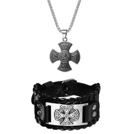 OIDEA Men's Necklace Bracelet Set, Stainless Steel Chain with Celtic Knot Cross Playing Card Pendant and Wide Bracelet Made of Real Leather, Gold Silver