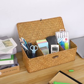 SUMNACON Seagrass Storage Box with Lid, Natural Seagrass Basket, 3 Compartments, Woven Rattan Box, Multifunctional Shelf Basket, Rectangular Braided Basket for Living Tea Table, Sleep, Bathing, Cafe,