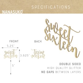 NANASUKO 16th Birthday Cake Topper - Sweet Sixteen - Double Sided Gold Glitter - Premium Quality Made in USA