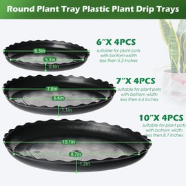 12 Pack Plastic Plant Saucer, Round Flower Plant Trays Wave Drainage Tray for Pots Base, Heavy Duty Plant Pot Saucers for Indoor Outdoor Home Garden Plant - Black, 6/7.8/10 Inch